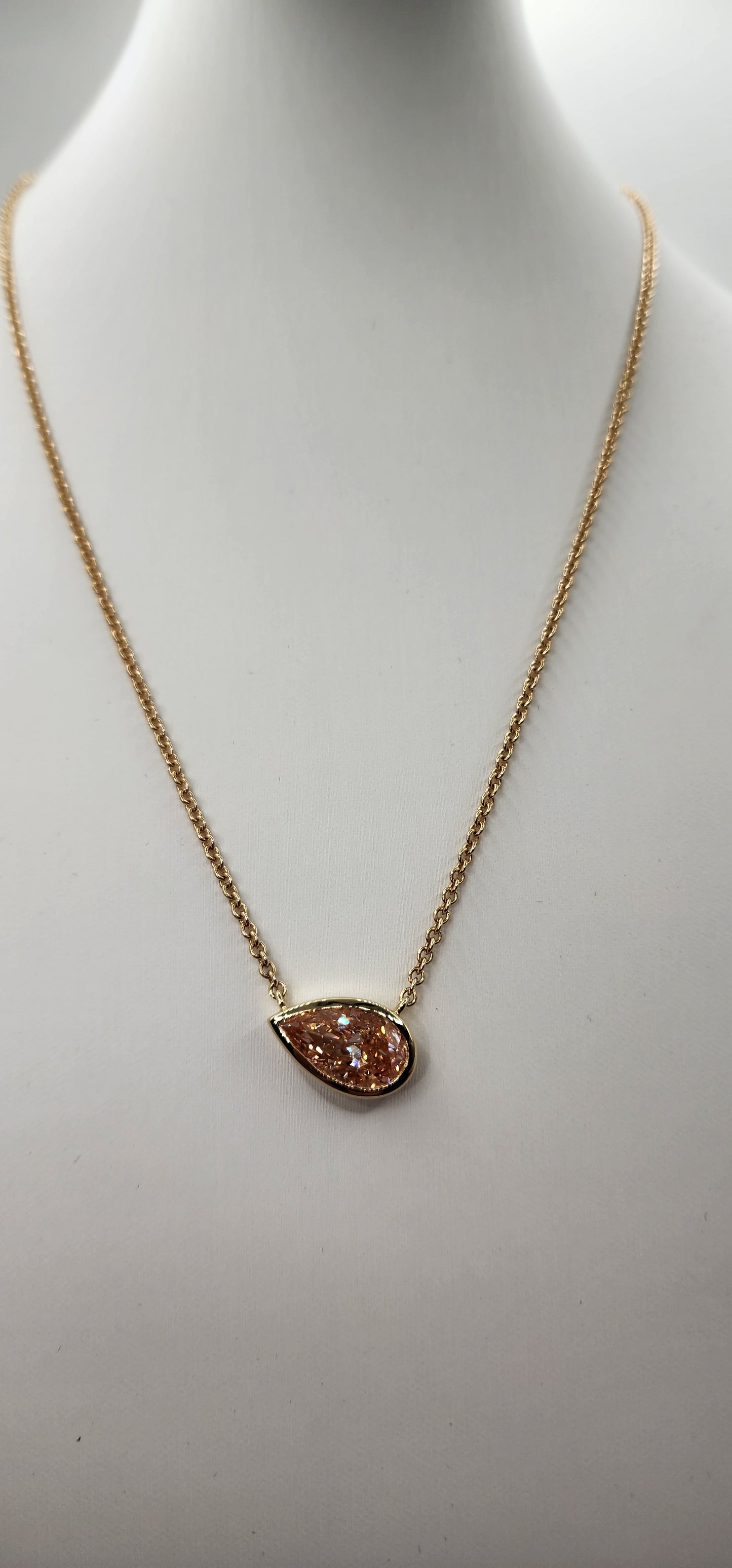 4 carat Fancy Intense Pink Bezel Set 16-18" Necklace, 14k Yellow Gold IGI Cerified Lab Diamond