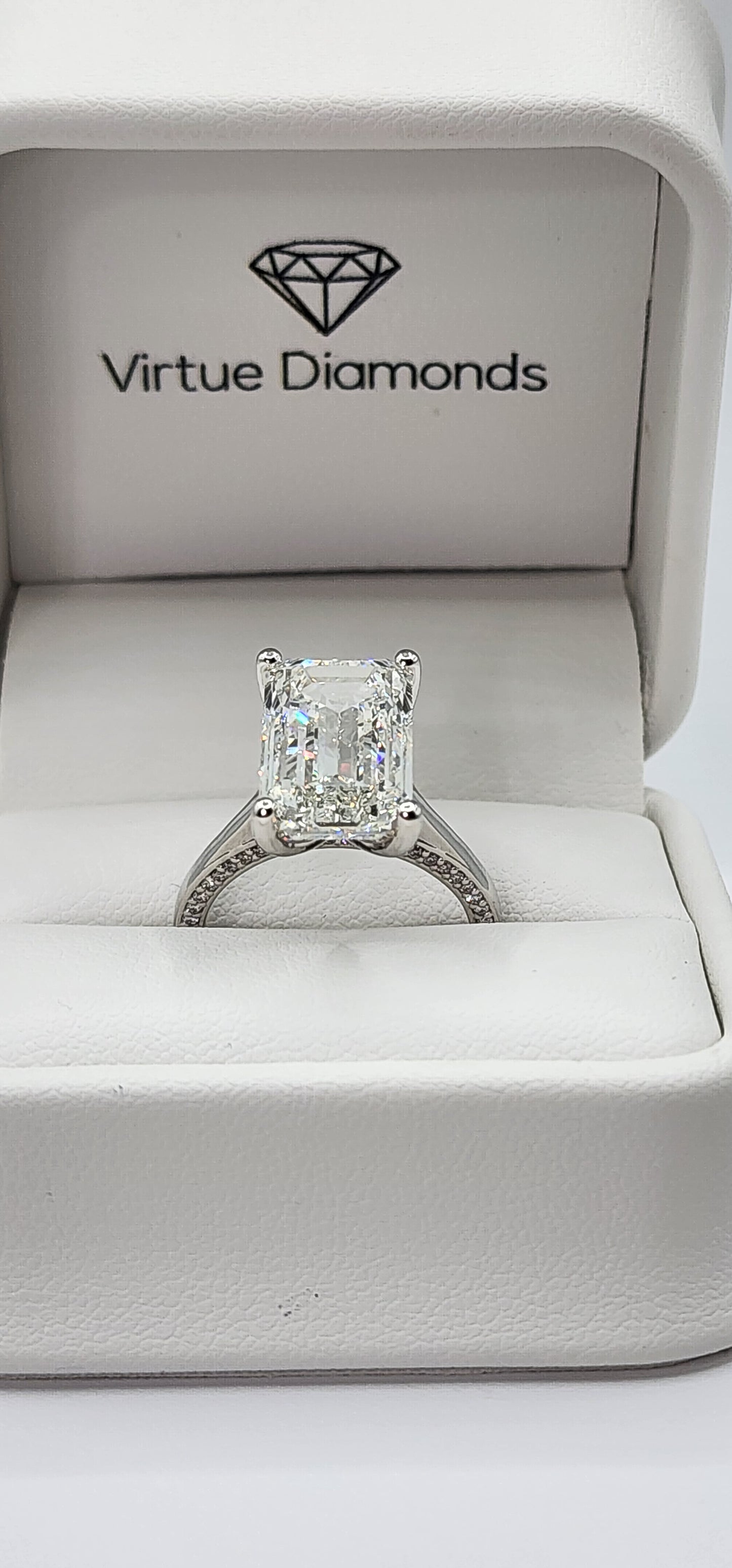 "The Layla" 9.03 Carat Emerald Cut Lab Grown Diamond, F VS2  with Pave Bridge set in 14k White Gold Ring