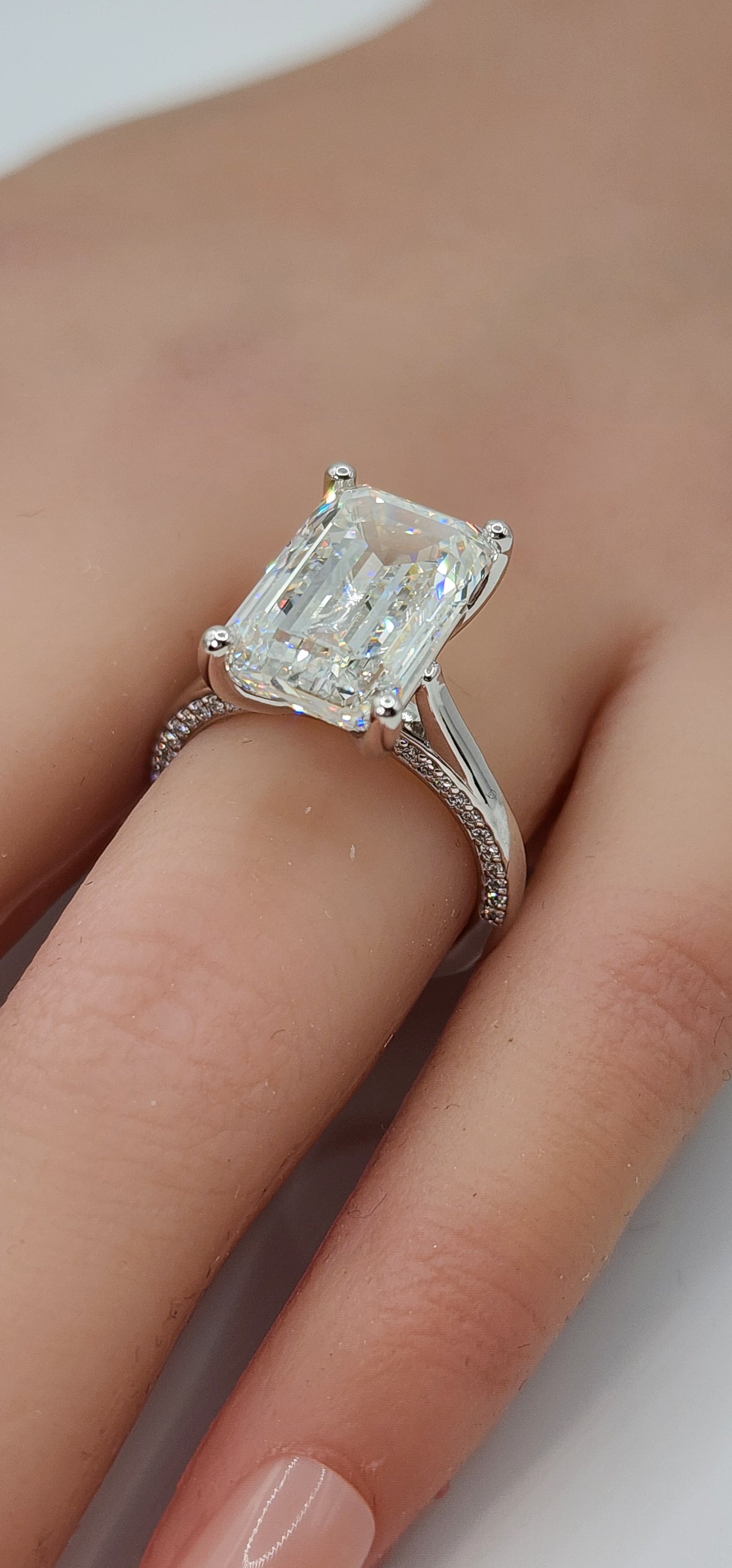 "The Layla" 9.03 Carat Emerald Cut Lab Grown Diamond, F VS2  with Pave Bridge set in 14k White Gold Ring