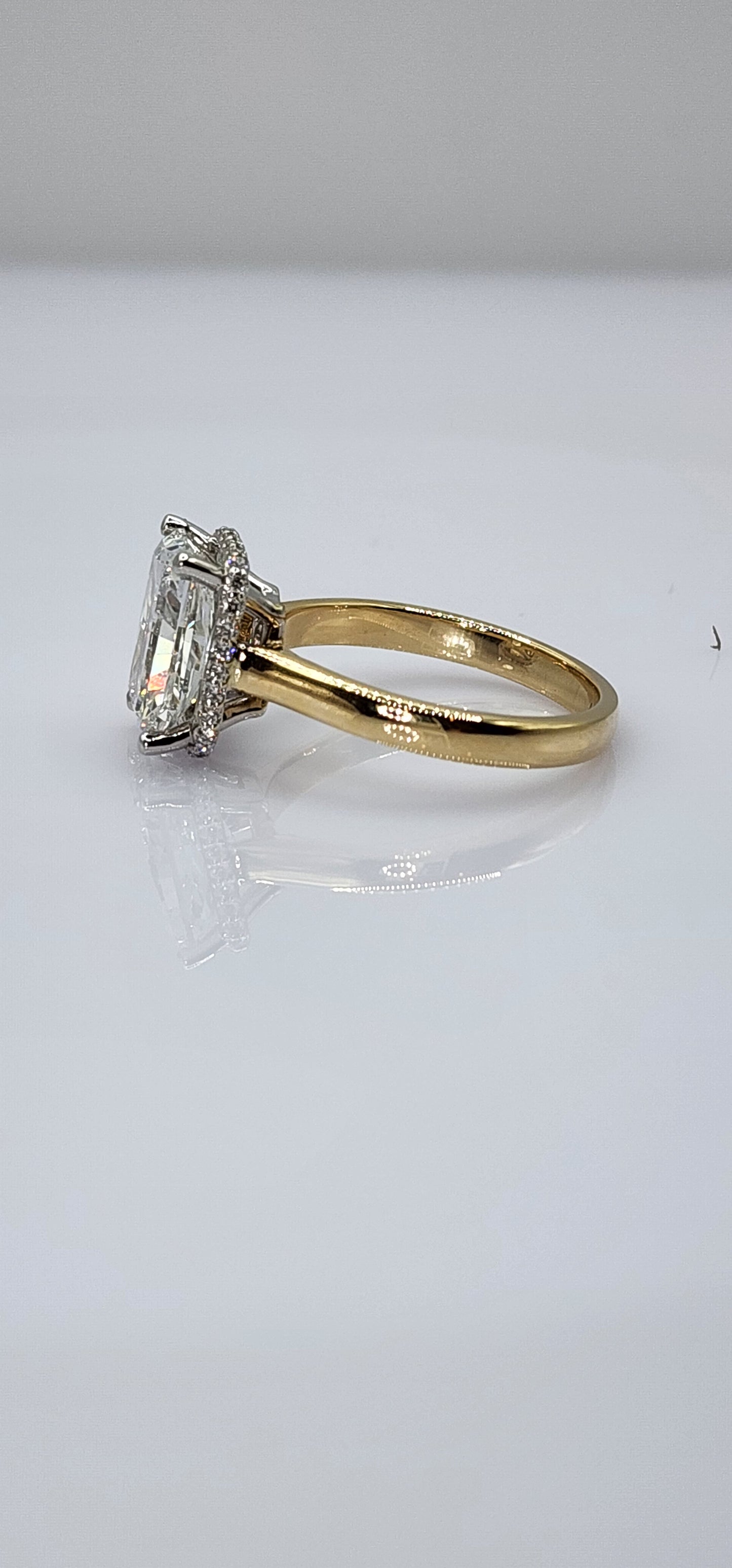 "The Monica" Ring - 3.75 Carat Radiant Lab Grown Diamond, Color E, VVS2, mounted in a 2mm Yellow Gold band with White Gold Head and Hidden Halo