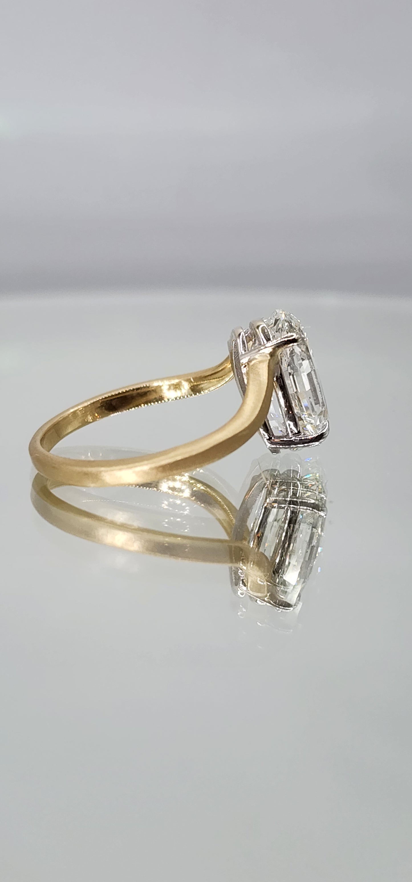 "The Kris" 4.14 Carat Step-Cut Oval Lab Grown Diamond on 14k Brushed Yellow Gold Contour Band