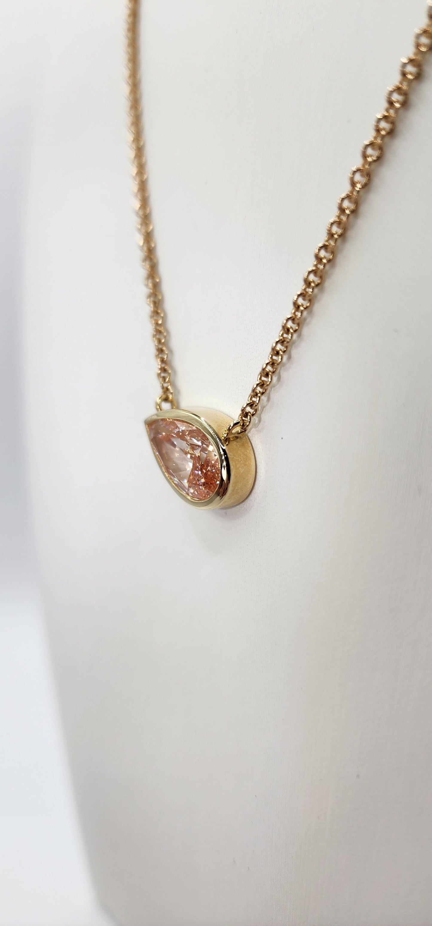 4 carat Fancy Intense Pink Bezel Set 16-18" Necklace, 14k Yellow Gold IGI Cerified Lab Diamond