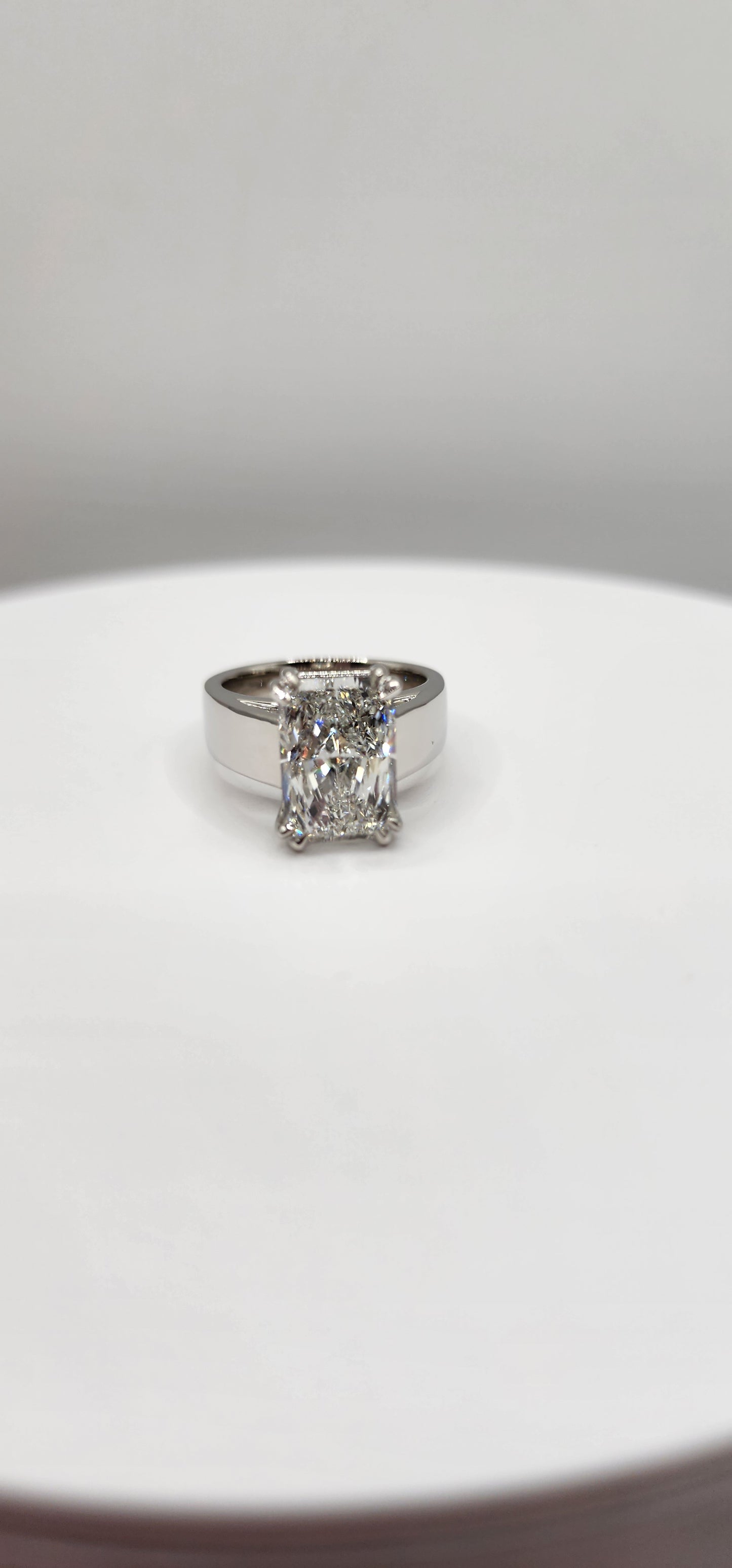 "The MaryLu"  in White Gold - 4.5 Radiant Cut Lab Grown Diamond, F, VS1 on 14K White Gold 5.5 mm Cigar Band, with 14K White Gold Double-Claw Prongs, IGI Certified Lab Grown Diamond