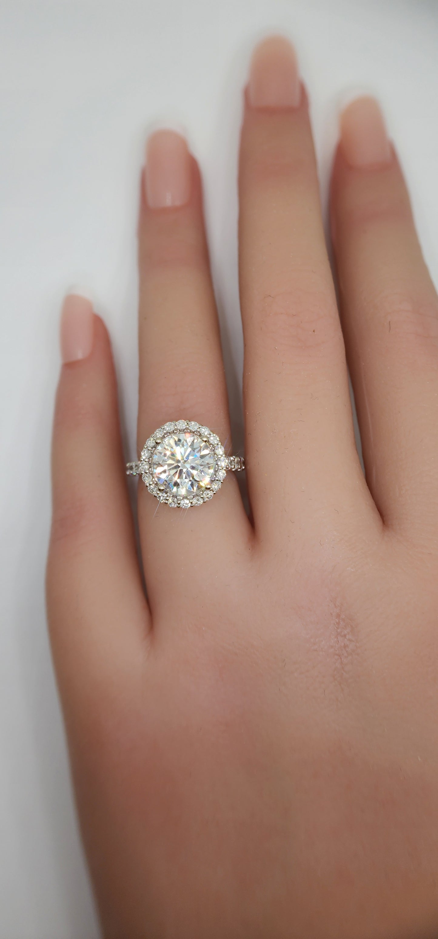 "The Elle" 3 Carat Round Lab Grown Diamond, F VVS2, With Halo and Diamond Band in 14k White Gold