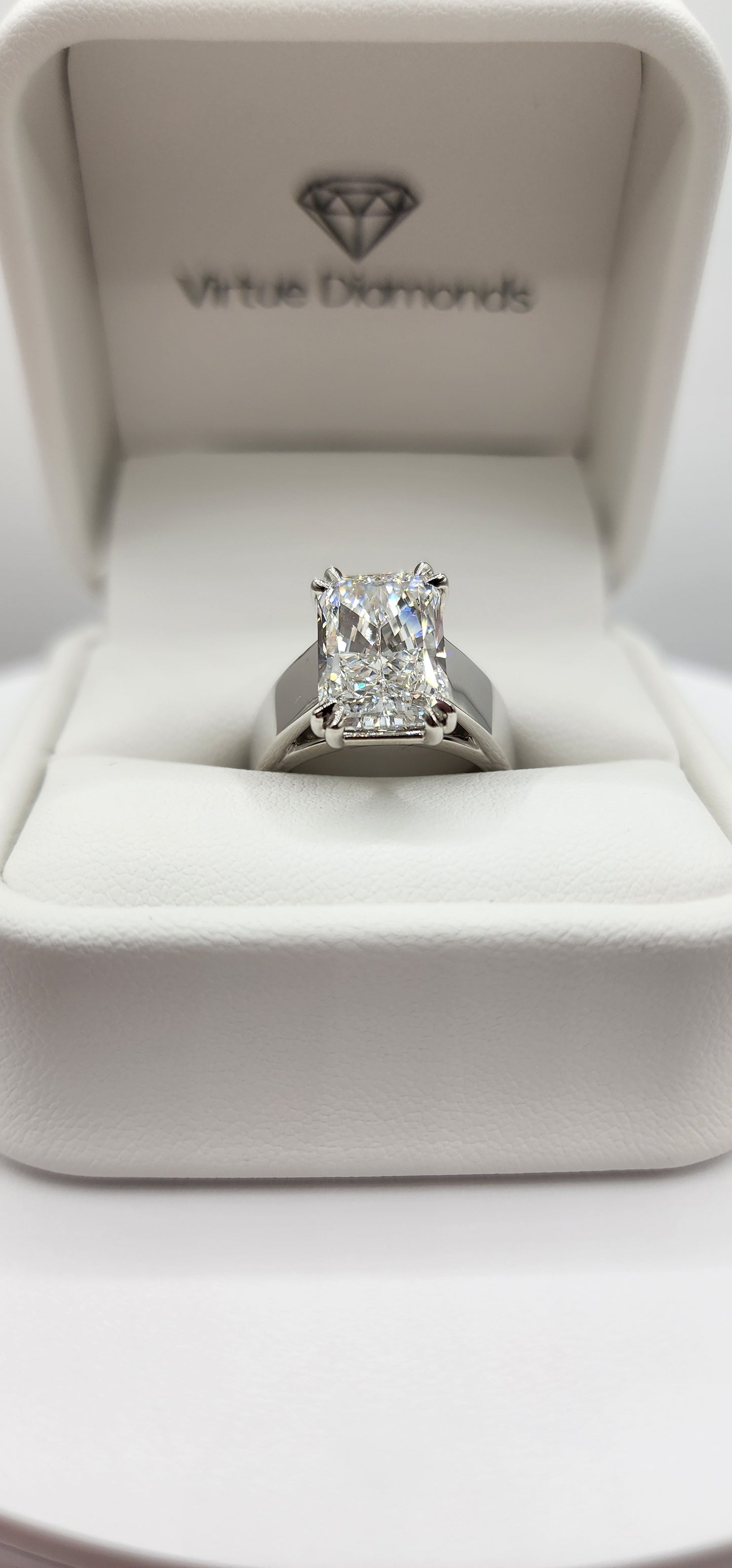 "The MaryLu"  in White Gold - 4.5 Radiant Cut Lab Grown Diamond, F, VS1 on 14K White Gold 5.5 mm Cigar Band, with 14K White Gold Double-Claw Prongs, IGI Certified Lab Grown Diamond