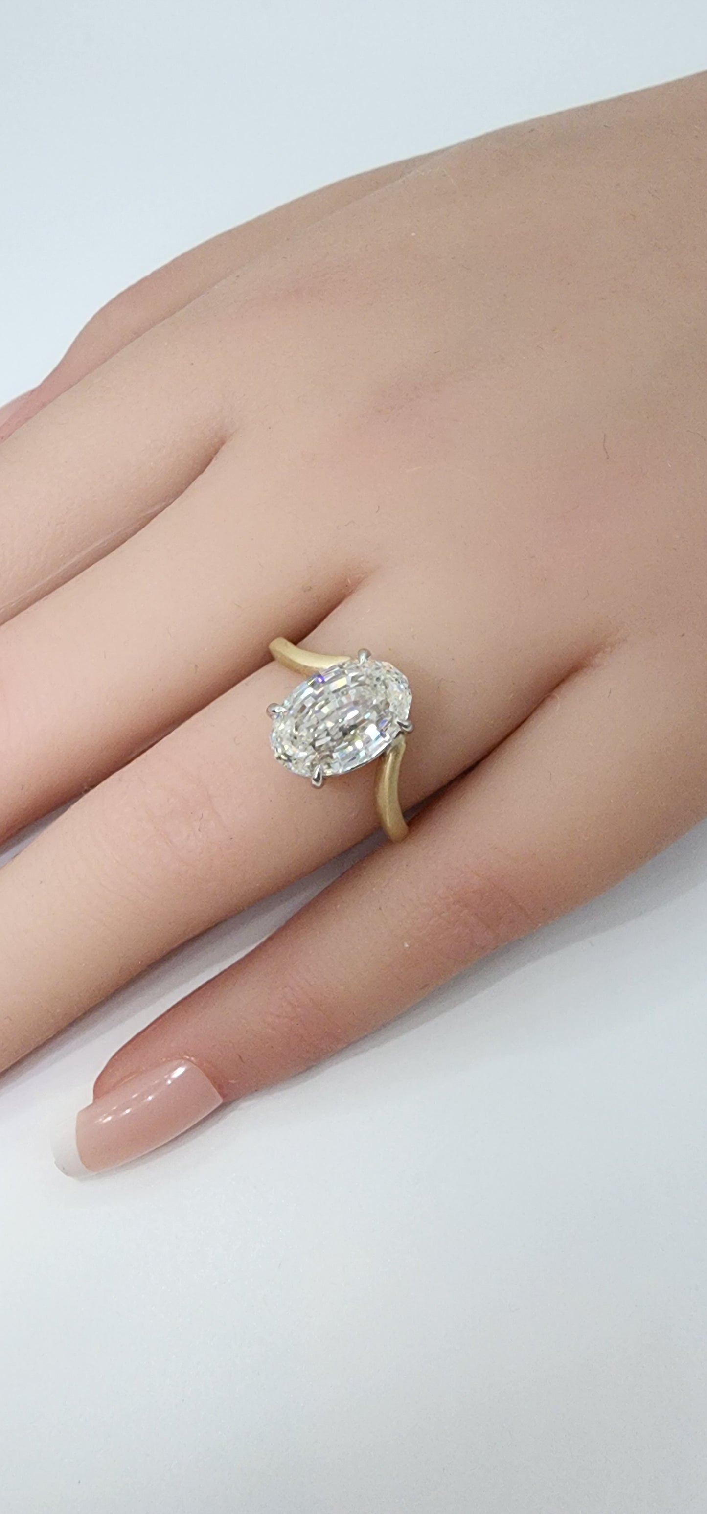 "The Kris" 4.14 Carat Step-Cut Oval Lab Grown Diamond on 14k Brushed Yellow Gold Contour Band