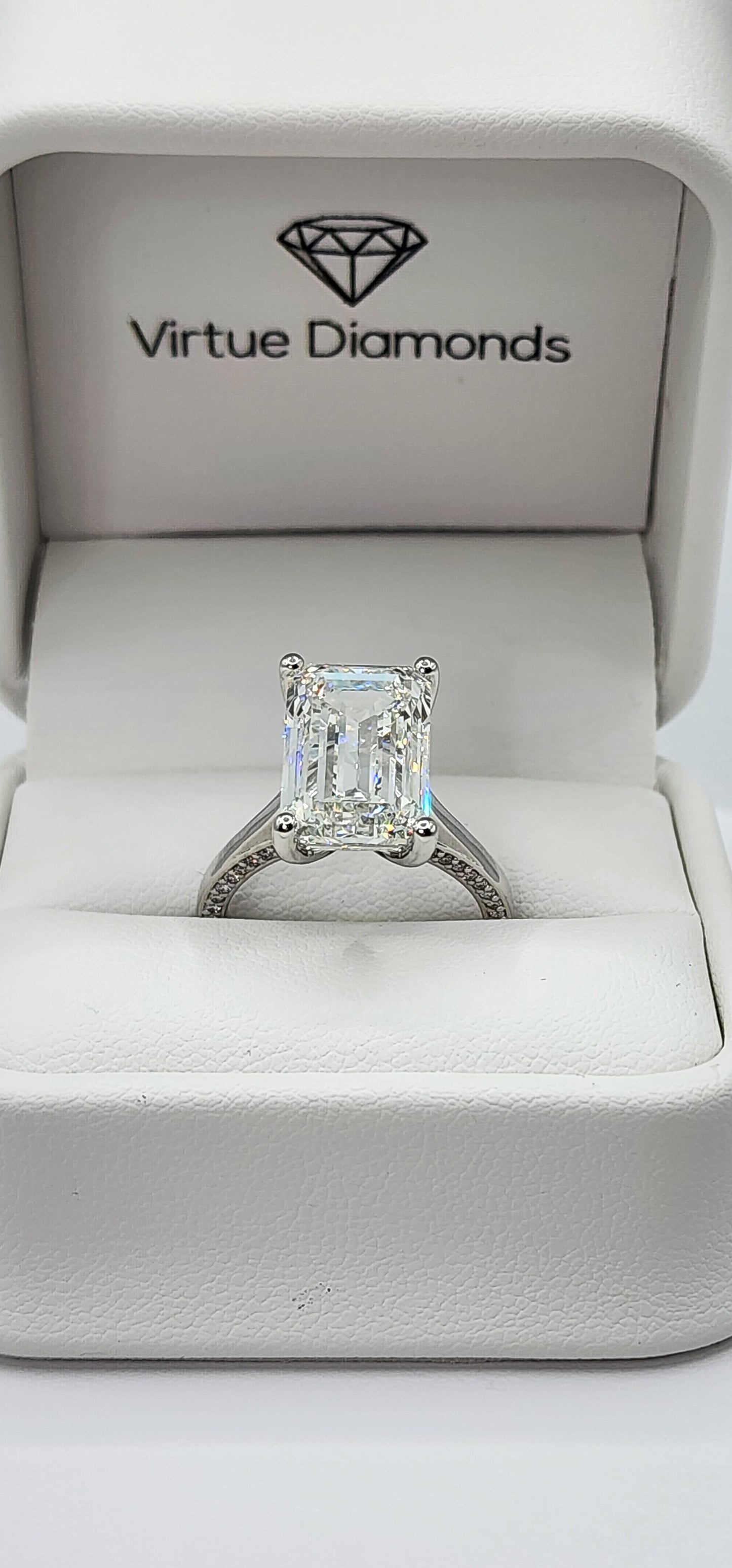 "The Layla" 9.03 Carat Emerald Cut Lab Grown Diamond, F VS2  with Pave Bridge set in 14k White Gold Ring