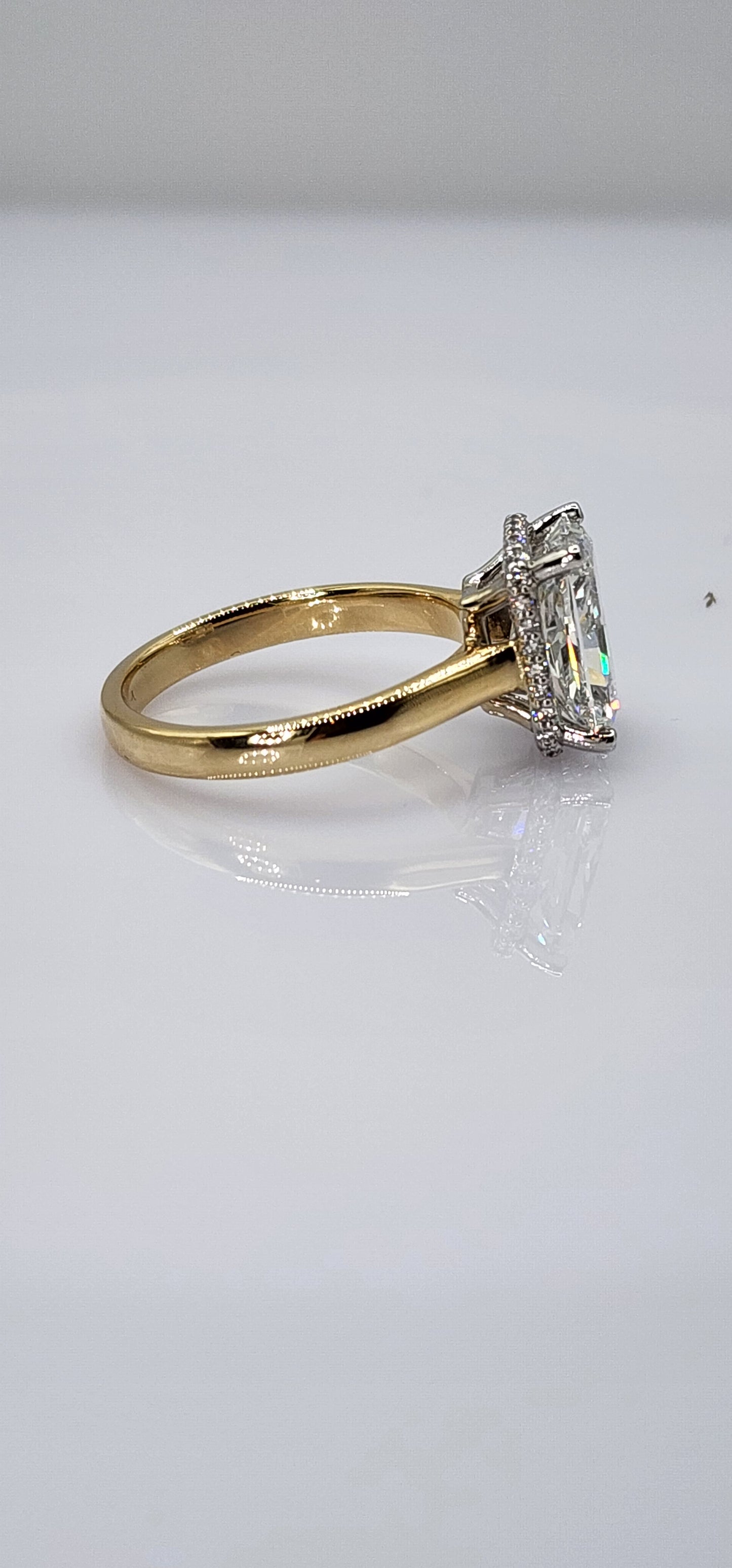 "The Monica" Ring - 3.75 Carat Radiant Lab Grown Diamond, Color E, VVS2, mounted in a 2mm Yellow Gold band with White Gold Head and Hidden Halo