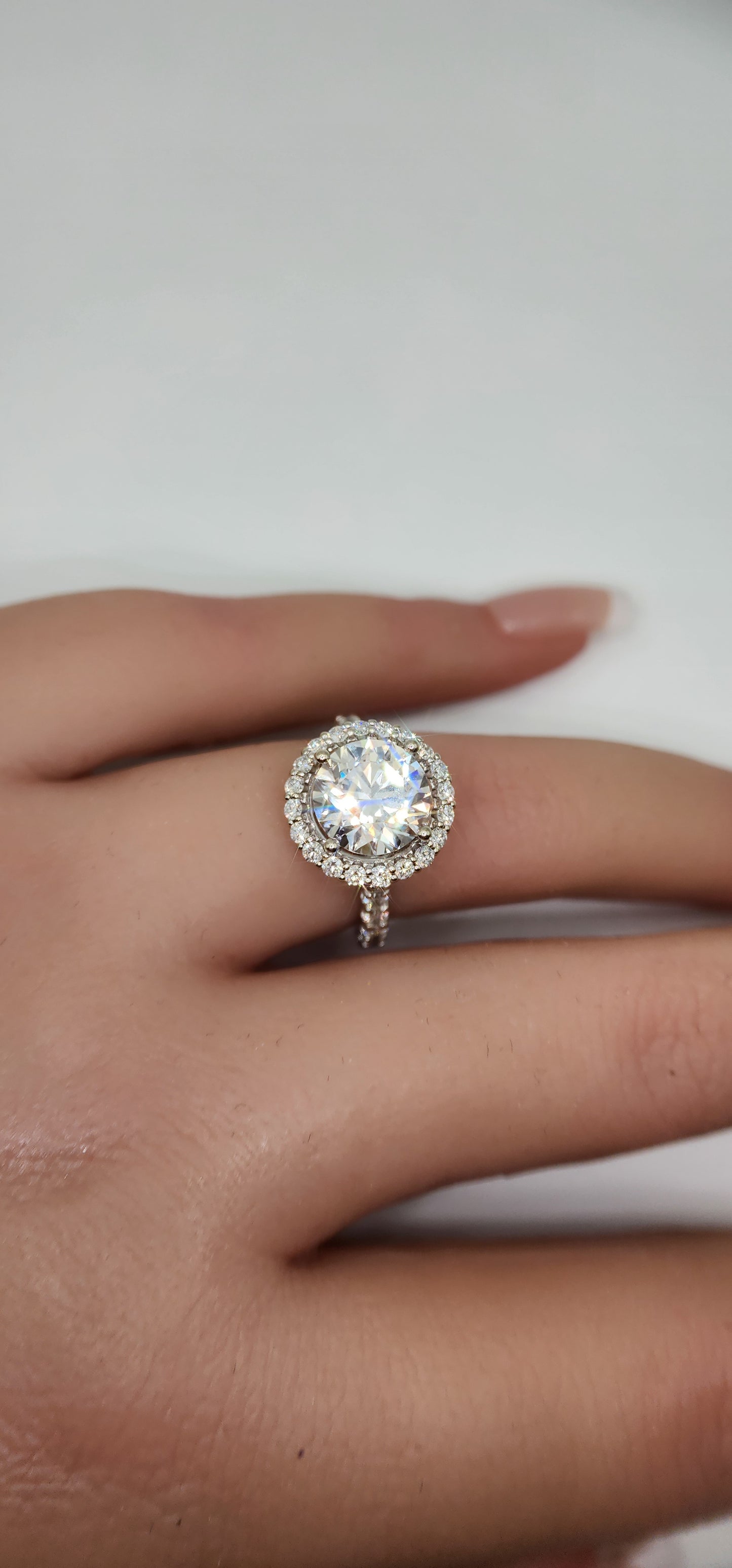 "The Elle" 3 Carat Round Lab Grown Diamond, F VVS2, With Halo and Diamond Band in 14k White Gold