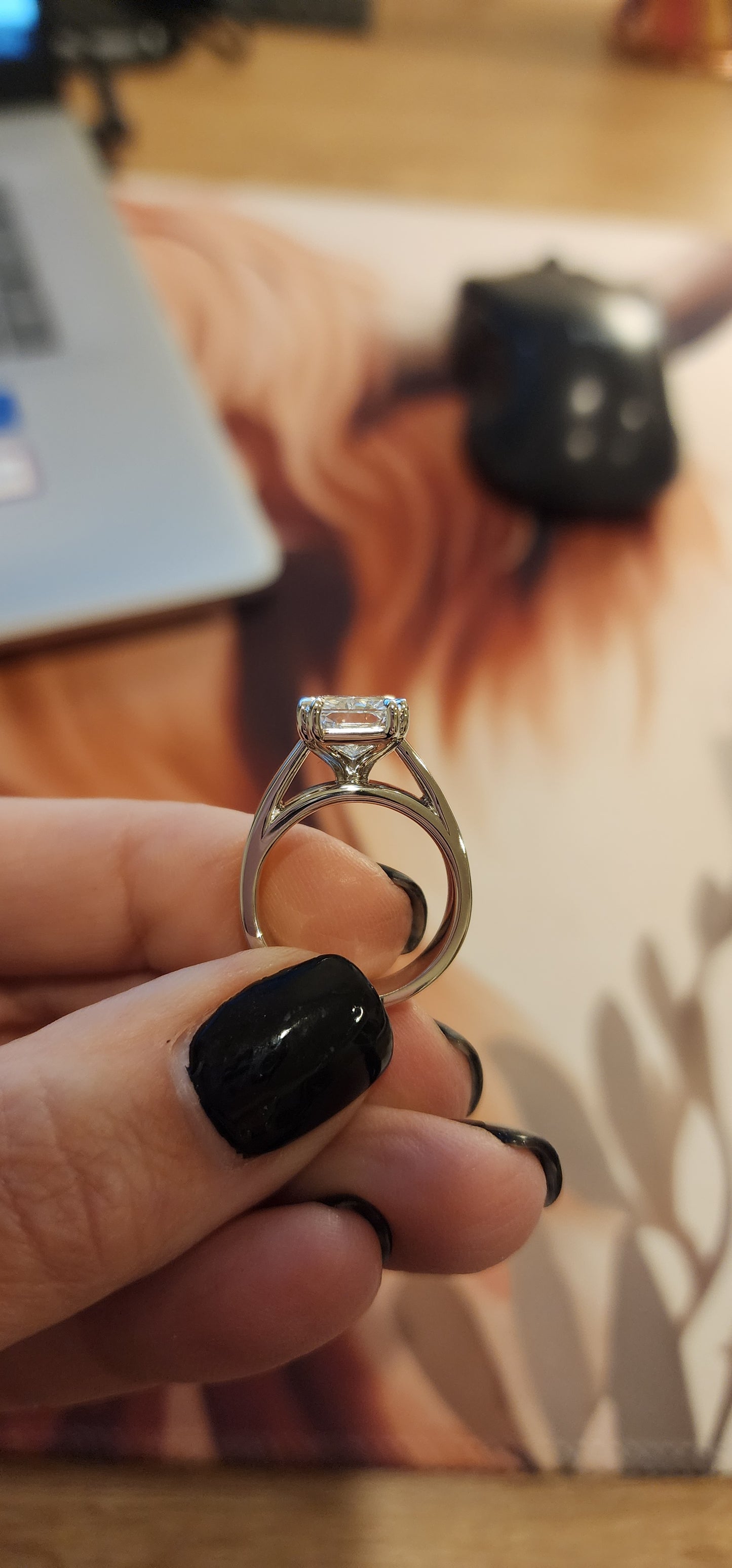 "The MaryLu"  in White Gold - 4.5 Radiant Cut Lab Grown Diamond, F, VS1 on 14K White Gold 5.5 mm Cigar Band, with 14K White Gold Double-Claw Prongs, IGI Certified Lab Grown Diamond