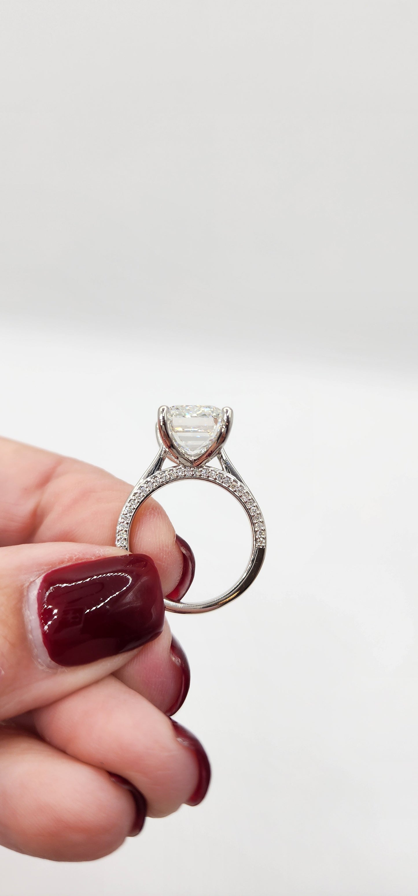 "The Layla" 9.03 Carat Emerald Cut Lab Grown Diamond, F VS2  with Pave Bridge set in 14k White Gold Ring