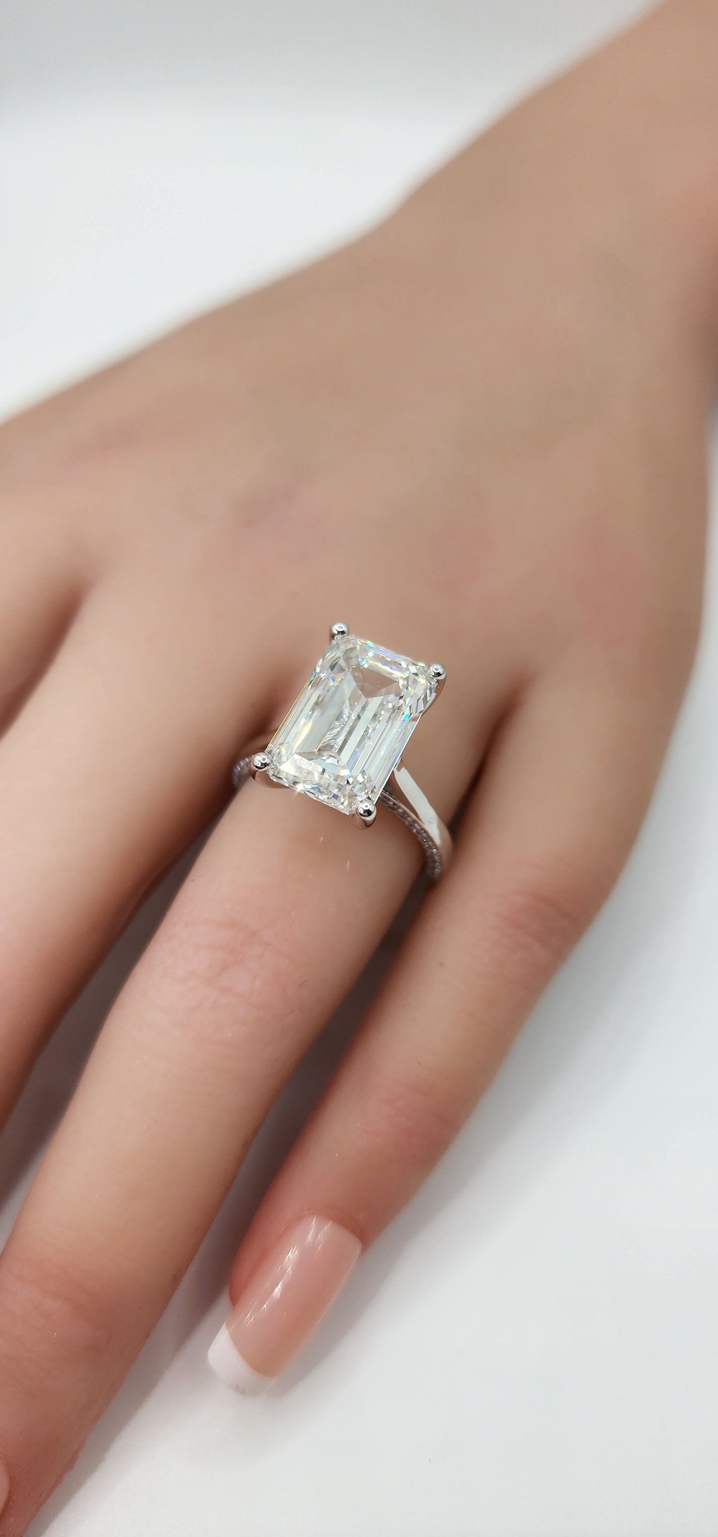 "The Layla" 9.03 Carat Emerald Cut Lab Grown Diamond, F VS2  with Pave Bridge set in 14k White Gold Ring