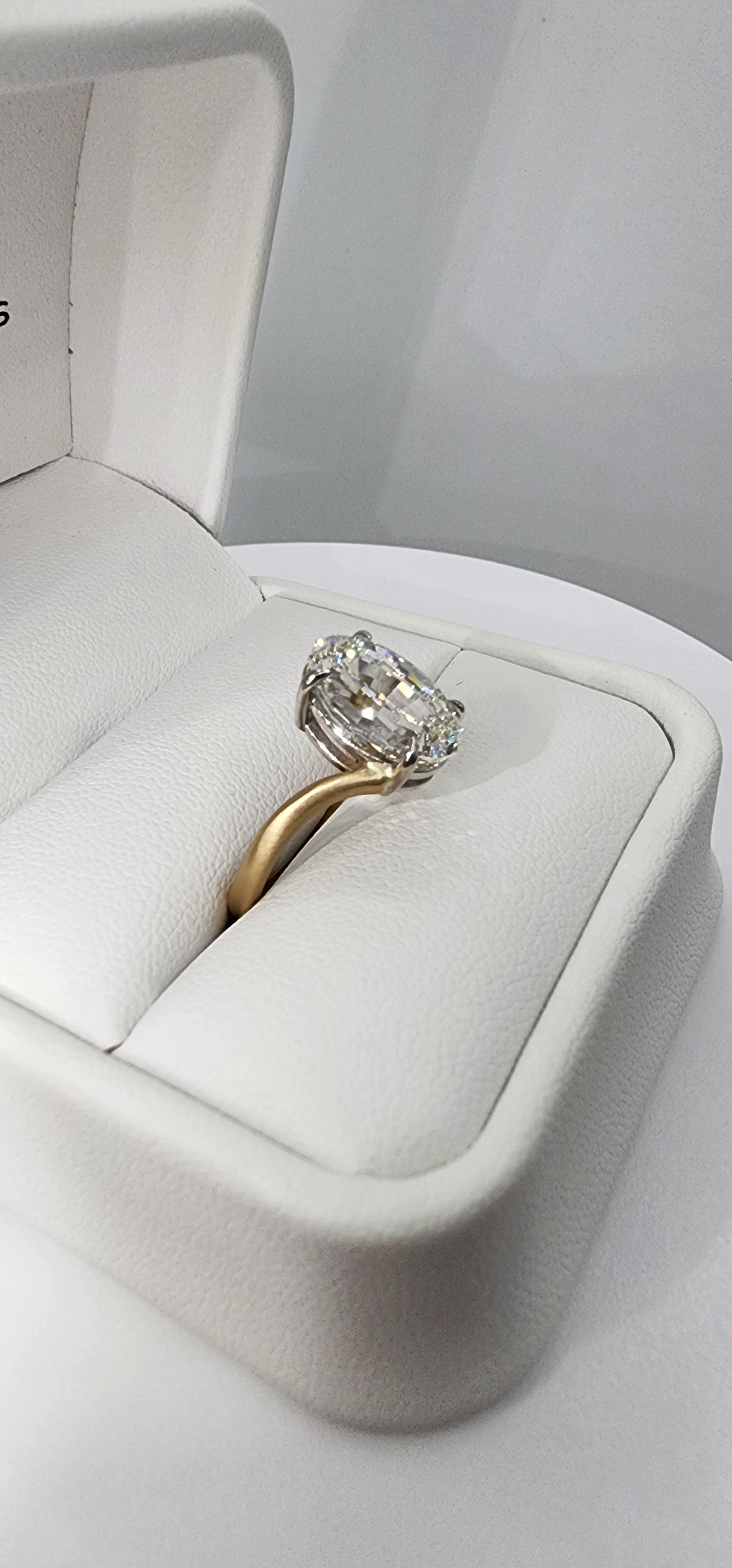 "The Kris" 4.14 Carat Step-Cut Oval Lab Grown Diamond on 14k Brushed Yellow Gold Contour Band