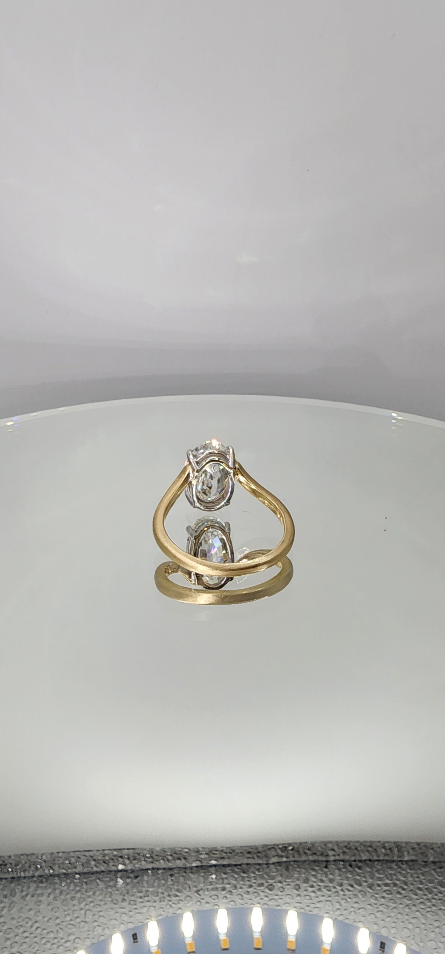 "The Kris" 4.14 Carat Step-Cut Oval Lab Grown Diamond on 14k Brushed Yellow Gold Contour Band