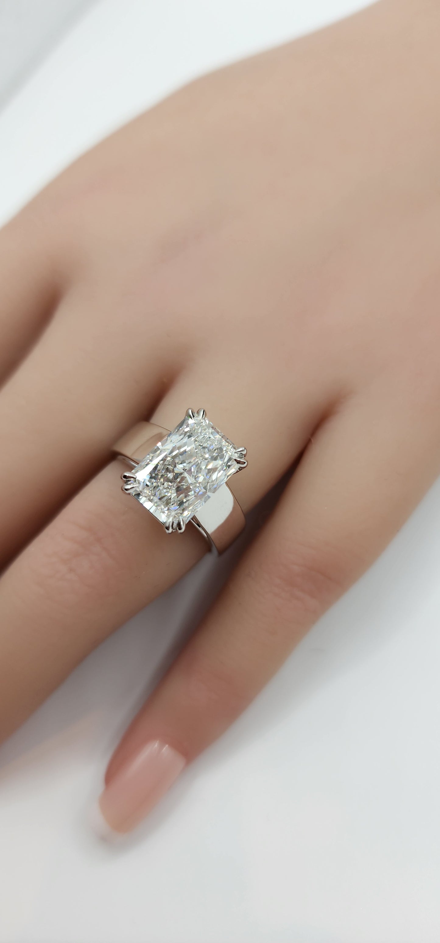 "The MaryLu"  in White Gold - 4.5 Radiant Cut Lab Grown Diamond, F, VS1 on 14K White Gold 5.5 mm Cigar Band, with 14K White Gold Double-Claw Prongs, IGI Certified Lab Grown Diamond