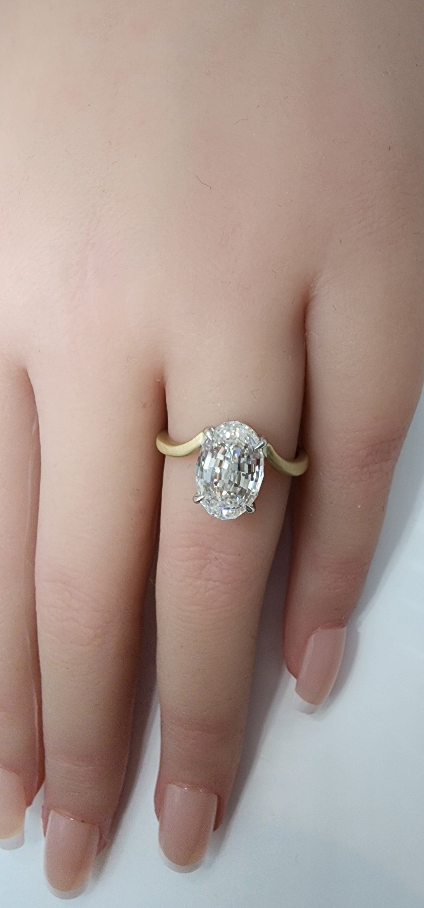 "The Kris" 4.14 Carat Step-Cut Oval Lab Grown Diamond on 14k Brushed Yellow Gold Contour Band