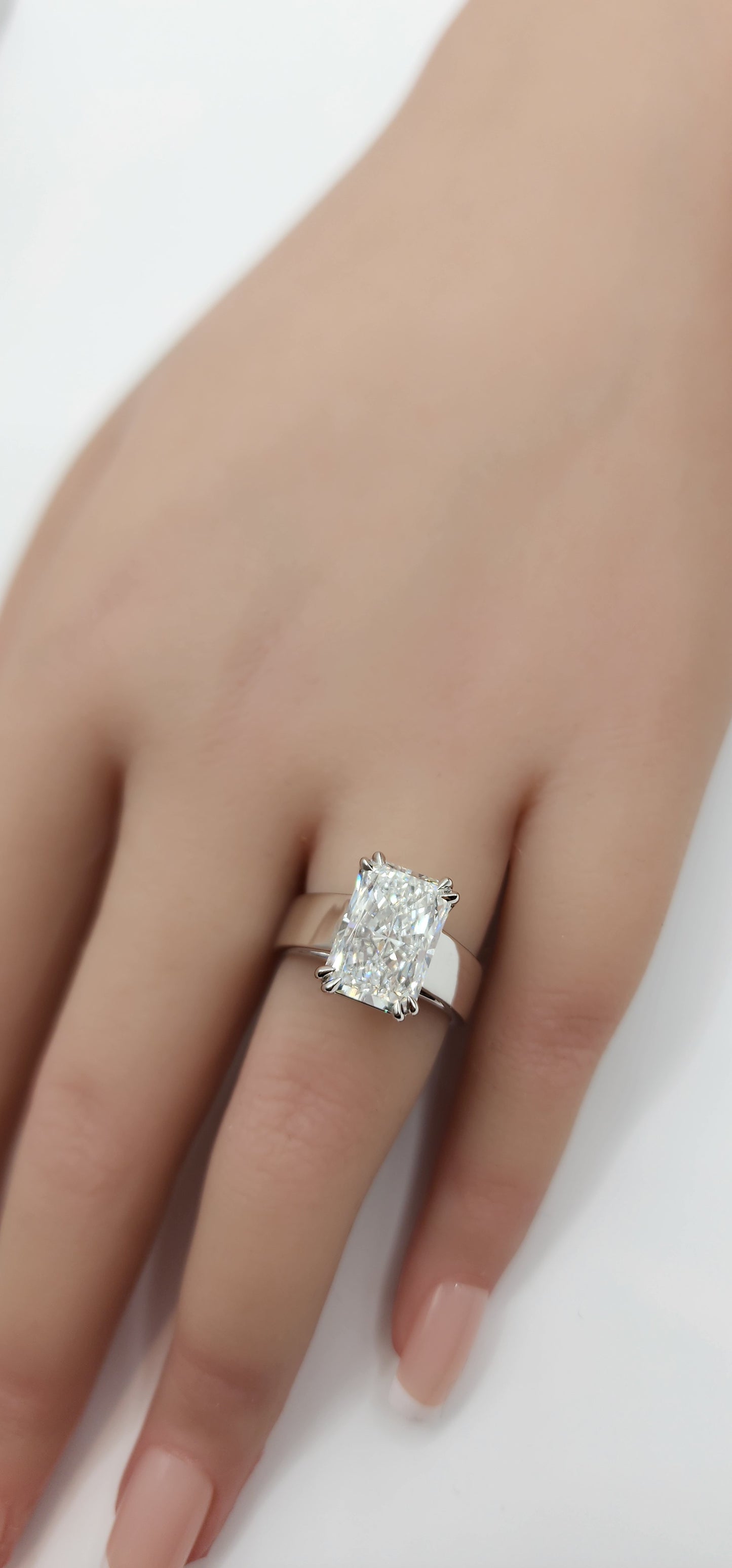 "The MaryLu"  in White Gold - 4.5 Radiant Cut Lab Grown Diamond, F, VS1 on 14K White Gold 5.5 mm Cigar Band, with 14K White Gold Double-Claw Prongs, IGI Certified Lab Grown Diamond